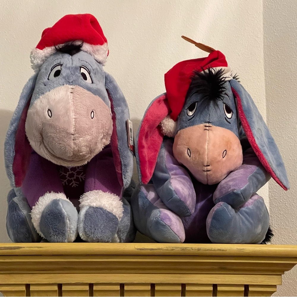 Disney Eeyore Christmas Stuffed Plush w/ Santa Hats (approx 14 - 16") PAIR